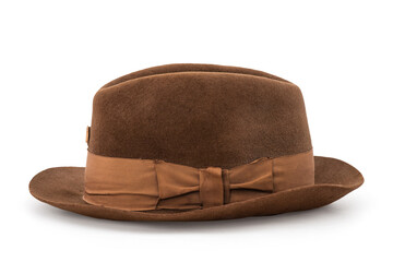 Old brown trilby hat isolated on white background with clipping path.