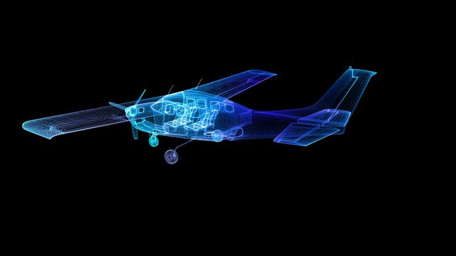 Piston aircraft. Airplane biplane with piston engine and propeller. Polygonal line Digital 3d model. High quality 4k footage.