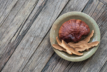 Reishi or lingzhi mushroom on an old wood background.top view,flat lay.
