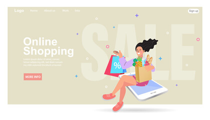 E-commerce website template for an online grocery store. A happy woman with shopping bags on a smartphone, representing a mobile marketplace with a big sale and food delivery.
