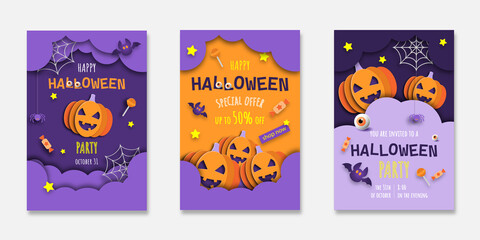 Set of Halloween party invitations, greeting cards or posters, pumpkins, bats, spider, candy, in the night clouds. Design template for advertising, internet, social networks. Paper cut style