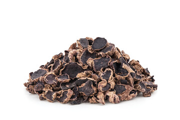 Dried black galingale slices isolated on white background with clipping path.