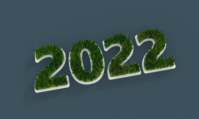 White 2022 year number with 3d green grass