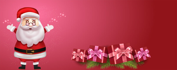 Merry Christmas with santa claus and various gift boxes and text space