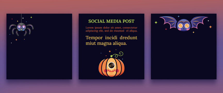 Halloween r&eacute;seaux sociaux m&eacute;dia communication citrouille cyclope araign&eacute;e chauves-souris chauvesouris vampire mignon enfant illustration sourire