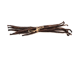 Dried vanilla pods isolated on white background with clipping path.top view,flat lay.