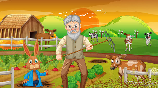 Farm at sunset time scene with old farmer man and farm animals