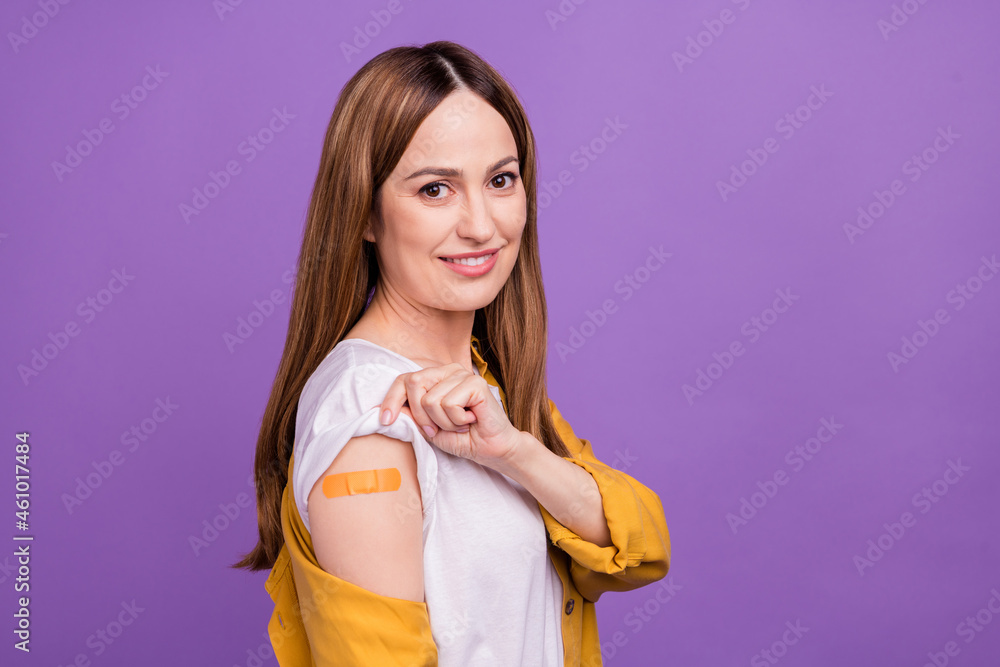 Sticker profile side photo of mature woman plaster vaccination healthcare protect coronavirus isolated over 