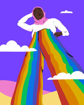 Woman in hijab wearing rainbow pride trousers