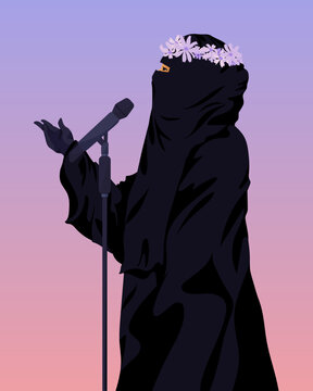 Woman in burka talking into microphone