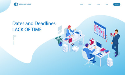 Isometric Project deadline. Time management on the road to success. Deadline Concept of overworked man Time to work Time management project plan schedule.