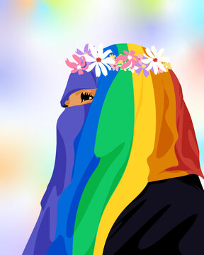 Side view of woman wearing rainbow pride burka