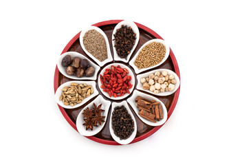 Herbs and spices isolated on white background.