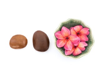 Obraz na płótnie Canvas Plumeria flower and stones isolated on white background.top view,flat lay.