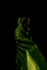 Girl posing in green draping on dark background