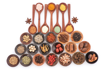Herbs ,spices and powder isolated on white background.