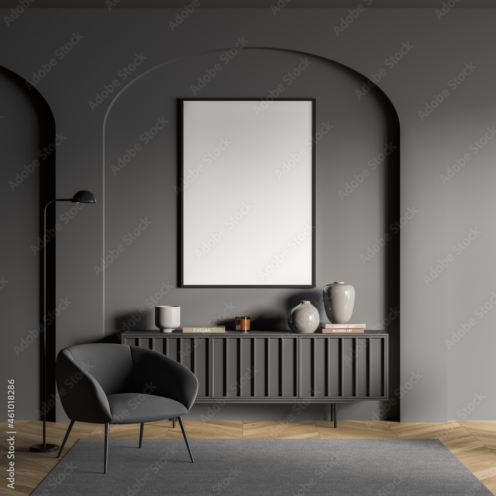 Sticker Dark living room interior with armchair and drawer with decoration, mockup poster