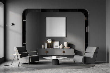 Dark living room interior with armchairs on concrete floor, mockup poster