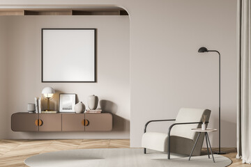 Beige living room interior, armchair with lamp on parquet floor, mockup poster