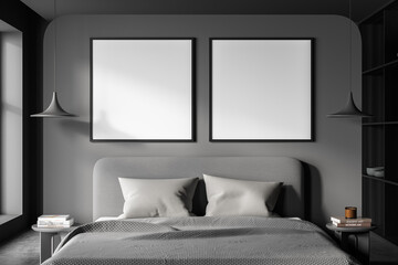 Grey bedroom interior with bed and linens, mockup posters