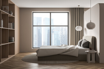 Beige bedroom interior with bed and bookshelf with art decoration near window