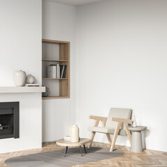 Light living room interior with armchair and fireplace, mockup