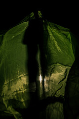 Girl posing in green draping on dark background