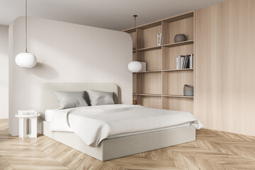 Beige bedroom interior with bed and linens, bookshelf rack, mockup © ImageFlow