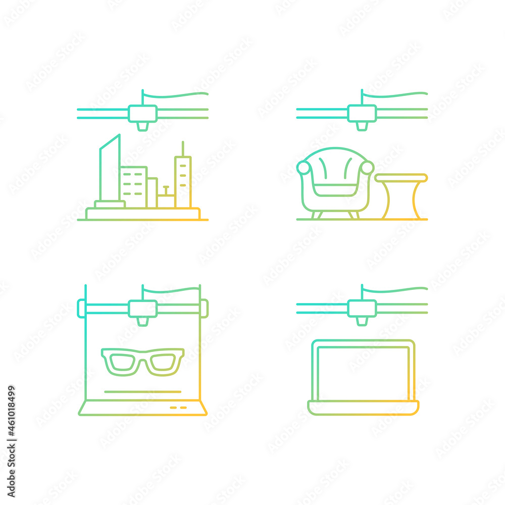 Poster three dimensional objects production gradient linear vector icons set. 3d city model. furniture and 