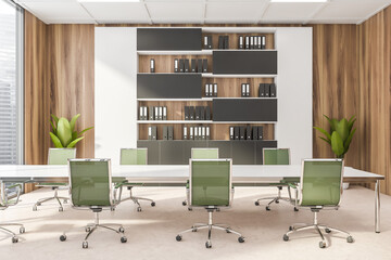 Conference room interior with furniture and shelf near window