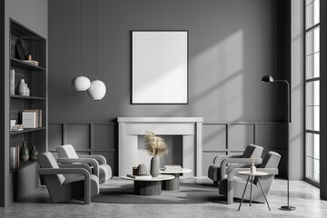 Grey living room interior with four armchairs, bookshelf and poster mock up