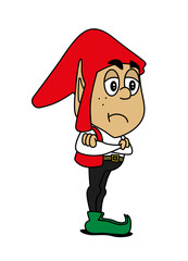Cute angry elf character standing with his arms crossed. Cartoon style vector illustration isolated on white background.