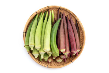 Burgundy okra or okra isolated on white background.top view,flat lay.