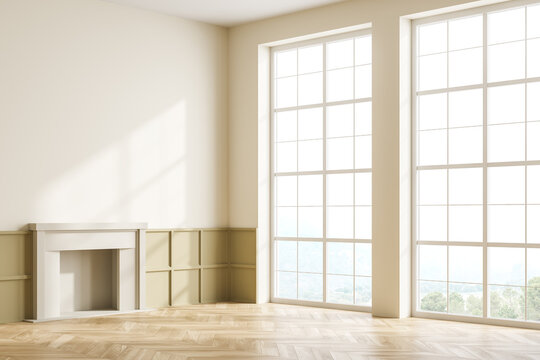 Light living room empty interior with fireplace and window, mockup copy space