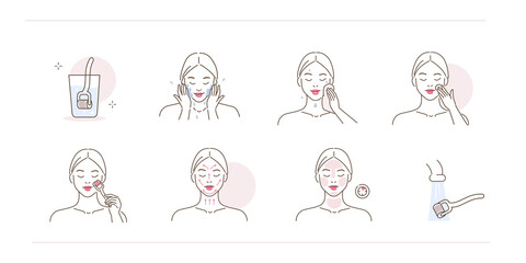 Beauty girl take care of her face and doing mesotherapy procedure at home. Instruction how to use derma roller with microneedles. Flat line vector illustration and icons set. - obrazy, fototapety, plakaty