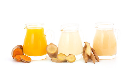 Herbal drink with fingerroot ,ginger,turmeric lemon and honey isolated on white background.