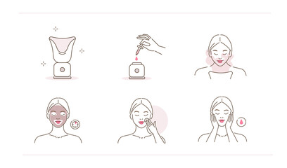 Beauty girl take care of her face. Instruction how to use facial sauna and cleansing mask for skin pore cleaning. Flat line vector illustration and icons set.