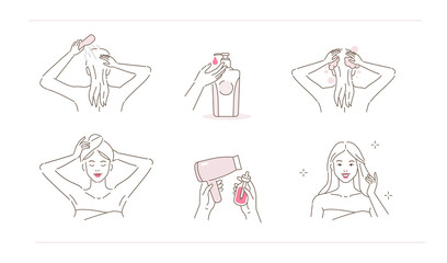 Beauty girl take care of her hair. Instruction how to wash hair with shampoo and wipe with towel and blow dry using hair serum. Flat line vector  illustration and icons set.