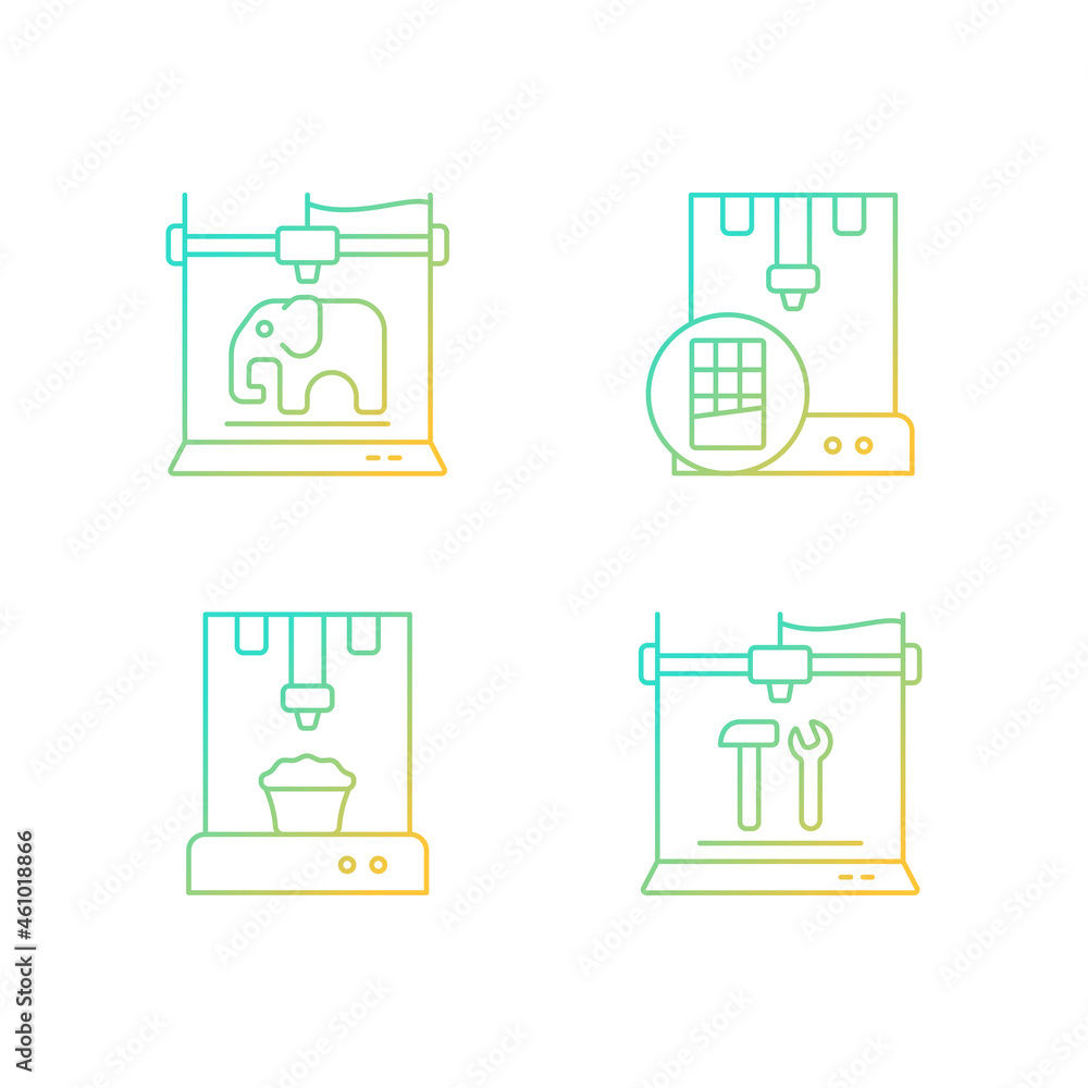 Poster 3d printed physical objects gradient linear vector icons set. food products manufacturing. 3d toys m
