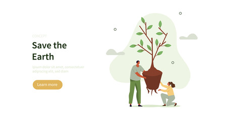 People characters planting tree seedling. Characters trying to save planet earth from climate change. Environmental care and volunteerism concept. Flat cartoon vector illustration.