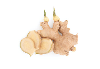 Fototapeta premium Ginger rhizome isolated on white background with clipping path.top view,flat lay.