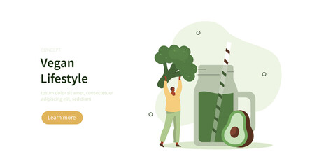 Character preparing detox smoothie from fresh vegetables for vegan diet. Man making healthy beverage. Vegan lifestyle concept. Flat cartoon vector illustration.