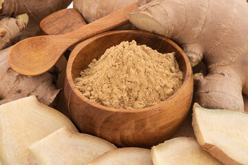 Fresh ginger rhizome ,slices and powder.