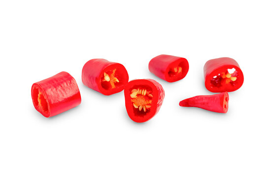 Pieces of red pepper on a white background, pepper isolate © Viktoria