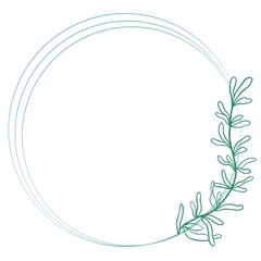 Naklejka na ściany i meble Beautiful circular wreath with a graceful branch, vector illustration. Round composite botanical template for congratulations or invitations. Hand drawn graphics, natural contour with leaves.