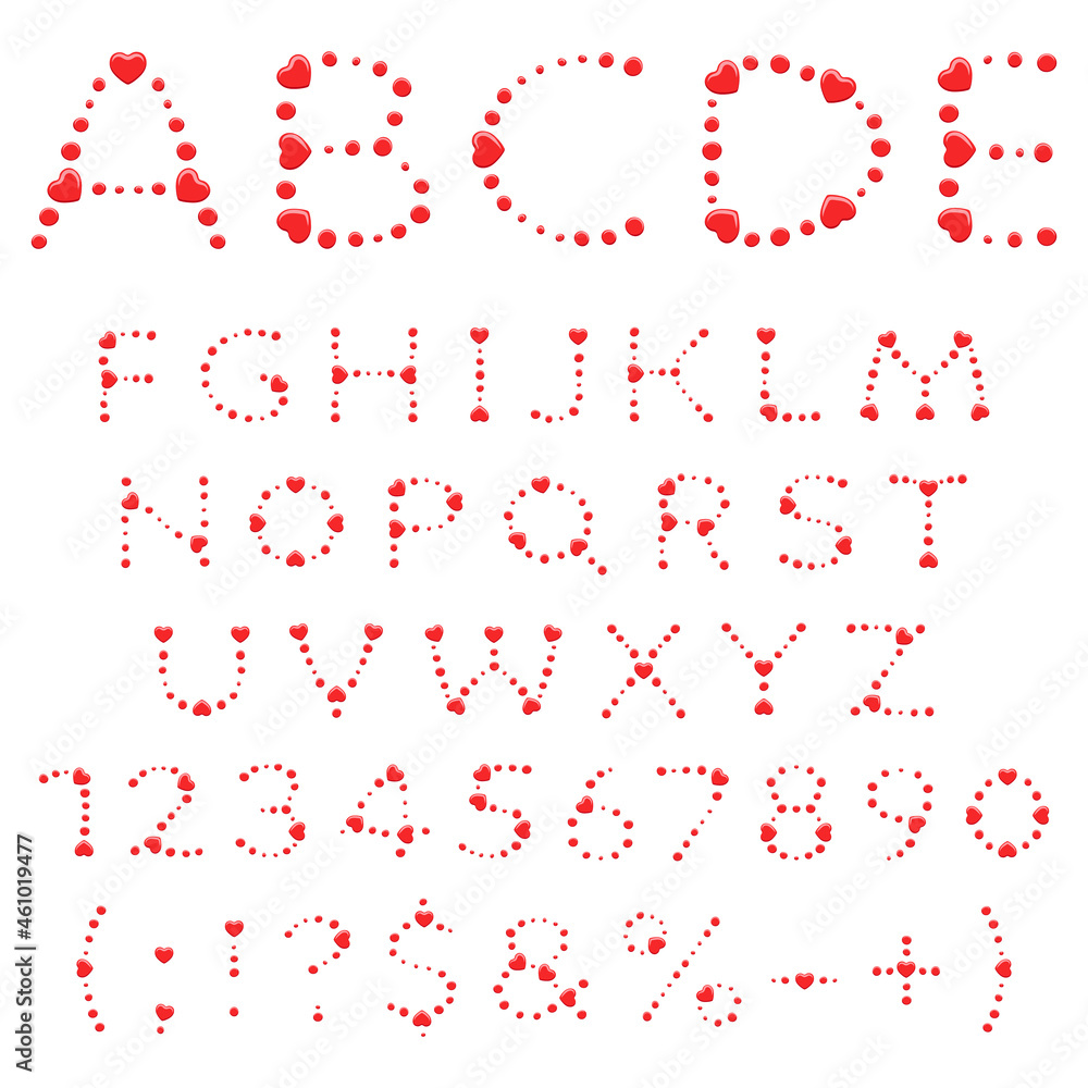 Poster alphabet, letters, numbers and signs made of red circles and hearts. isolated vector objects on a wh