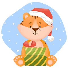 Funny little happy tiger cub sitting with gift box in New Year's Santa hat. Vector character illustration in flat style.
