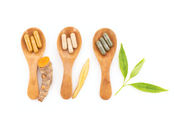 Turmeric rhizome,chinese ginger and andrographis paniculata isolated on white background.top view,flat lay.