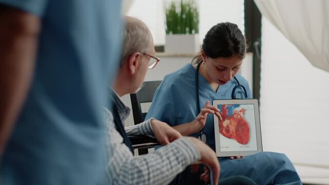 Nurse holding tablet with heart figure for cardiology diagnosis, showing cardiovascular issues to disabled patient in nursing home. Retired man in wheelchair looking at blood vessel image