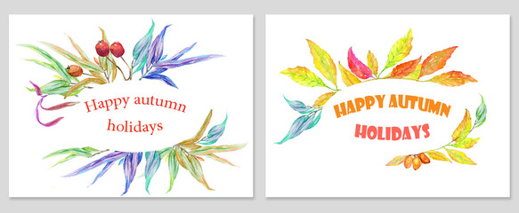 Happy autumn holidays, colored leaves, thank you card, happy holiday wishes, hand drawn card, colored frame